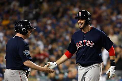 LOS ANGELES, CA – OCTOBER 28: J.D. Martinez #28 of the Boston Red Sox celebrates his seventh inning home run against the Los Angeles Dodgers in Game Five of the 2018 World Series at Dodger Stadium on October 28, 2018 in Los Angeles, California. (Photo by Sean M. Haffey/Getty Images)