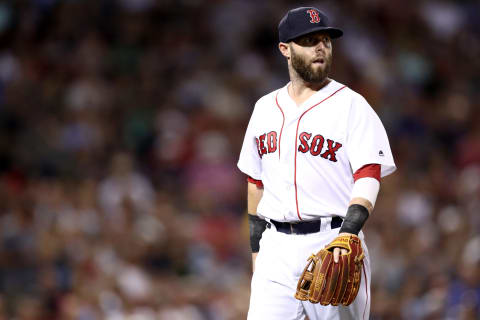 BOSTON, MA – SEPTEMBER 13: Dustin Pedroia #15 of the Boston Red Sox looks on during the third inning against the Oakland Athletics at Fenway Park on September 13, 2017 in Boston, Massachusetts. (Photo by Maddie Meyer/Getty Images)