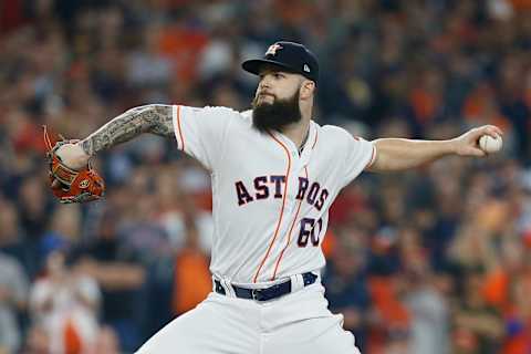 HOUSTON, TX – OCTOBER 16: Dallas Keuchel #60 of the Houston Astros pitches in the first inning against the Boston Red Sox during Game Three of the American League Championship Series at Minute Maid Park on October 16, 2018 in Houston, Texas. (Photo by Bob Levey/Getty Images)