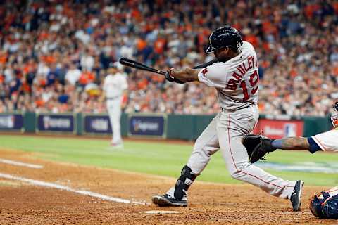 HOUSTON, TX – OCTOBER 17: Jackie Bradley Jr. #19 of the Boston Red Sox hits a two-run home run in the sixth inning against the Houston Astros during Game Four of the American League Championship Series at Minute Maid Park on October 17, 2018 in Houston, Texas. (Photo by Bob Levey/Getty Images)