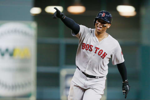 HOUSTON, TX – OCTOBER 18: Rafael Devers #11 of the Boston Red Sox celebrates as he runs the bases after hitting a three-run home run in the sixth inning against the Houston Astros during Game Five of the American League Championship Series at Minute Maid Park on October 18, 2018 in Houston, Texas. (Photo by Bob Levey/Getty Images)