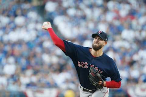 LOS ANGELES, CA – OCTOBER 26: Rick Porcello #22 of the Boston Red Sox delivers the pitch during the first inning against the Los Angeles Dodgers in Game Three of the 2018 World Series at Dodger Stadium on October 26, 2018 in Los Angeles, California. (Photo by Eugene Garcia – Pool/Getty Images)