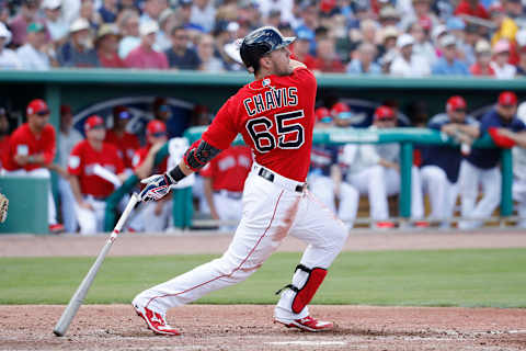 FORT MYERS, FL – FEBRUARY 23: Michael Chavis #65 of the Boston Red Sox hits a three-run home run in the third inning of a Grapefruit League spring training game against the New York Yankees at JetBlue Park at Fenway South on February 23, 2019 in Fort Myers, Florida. (Photo by Joe Robbins/Getty Images)