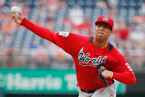 WASHINGTON, DC – JULY 15: Pitcher Bryan Mata #34 of the World Team and the Boston Red Sox works the third inning against the U.S. Team during the SiriusXM All-Star Futures Game at Nationals Park on July 15, 2018 in Washington, DC. (Photo by Patrick McDermott/Getty Images)