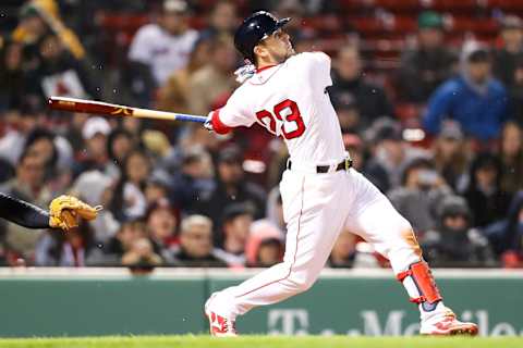 BOSTON, MA – APRIL 23: Michael Chavis #23 of the Boston Red Sox hits his first career home-run in the eighth inning during the second game of a double header against the Detroit Tigers at Fenway Park on April 23, 2019 in Boston, Massachusetts. (Photo by Adam Glanzman/Getty Images)