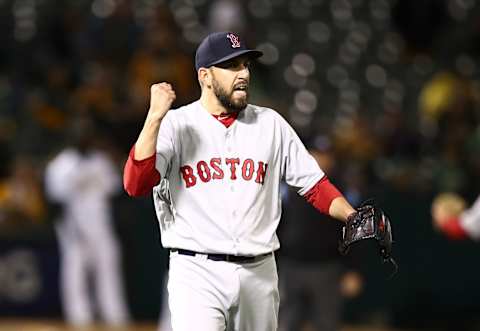 OAKLAND, CALIFORNIA – APRIL 03: Matt Barnes #32 of the Boston Red Sox reacts after Ramon Laureano #22 of the Oakland Athletics is thrown out at first base for the last out of the eighth inning at Oakland-Alameda County Coliseum on April 03, 2019 in Oakland, California. (Photo by Ezra Shaw/Getty Images)