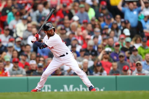 BOSTON, MASSACHUSETTS – APRIL 15: Dustin Pedroia #15 of the Boston Red Sox at bat during the third inning against the Baltimore Orioles at Fenway Park on April 15, 2019 in Boston, Massachusetts. All uniformed players and coaches are wearing number 42 in honor of Jackie Robinson Day. (Photo by Maddie Meyer/Getty Images)