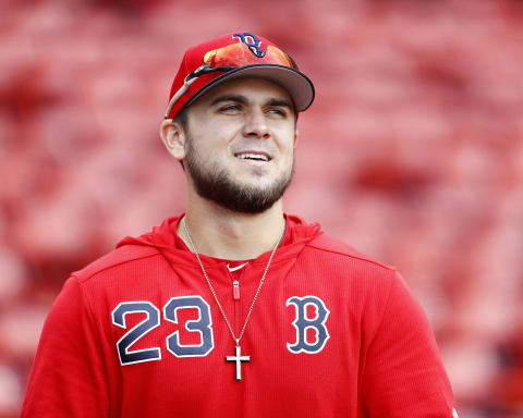 BOSTON, MASSACHUSETTS – APRIL 27: Michael Chavis #23 of the Boston Red Sox looks on before the game against the Tampa Bay Rays at Fenway Park on April 27, 2019 in Boston, Massachusetts. (Photo by Omar Rawlings/Getty Images)