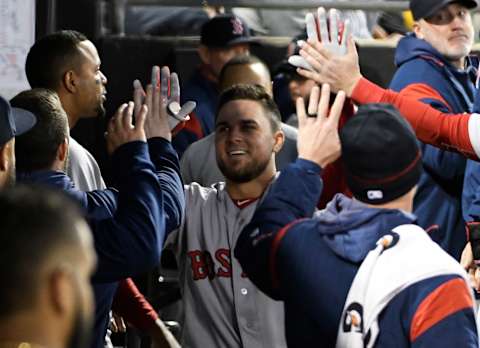 CHICAGO, ILLINOIS – MAY 04: Michael Chavis #23 of the Boston Red Sox is greeted after hitting a home run against the Chicago White Sox during the fifth inning at Guaranteed Rate Field on May 04, 2019 in Chicago, Illinois. (Photo by David Banks/Getty Images)