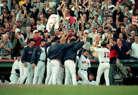 16 Oct 1999: Boston Red Sox celebrate during the ALCS game three against the New York Yankees at Fenway Park in Boston, Massachusetts. The Red Sox defeated the Yankees 13-1. Mandatory Credit: Jonathan Daniel /Allsport