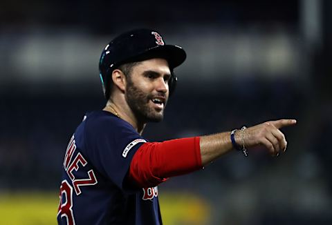 KANSAS CITY, MISSOURI – JUNE 04: J.D. Martinez #28 of the Boston Red Sox reacts after hitting a triple during the 6th inning of the game against the Kansas City Royals at Kauffman Stadium on June 04, 2019 in Kansas City, Missouri. (Photo by Jamie Squire/Getty Images)