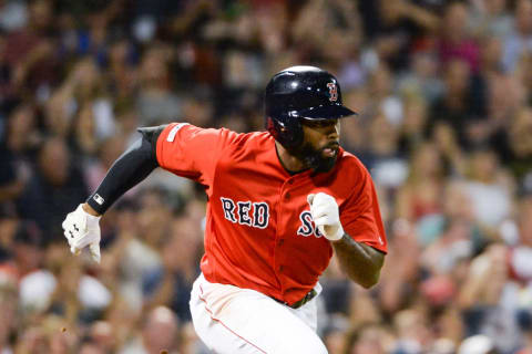 BOSTON, MA – AUGUST 9: Jackie Bradley Jr. #19 of the Boston Red Sox runs to first base after hitting a two RBI single in the sixth inning against the Los Angeles Angels at Fenway Park on August 9, 2019 in Boston, Massachusetts. (Photo by Kathryn Riley/Getty Images)