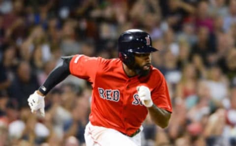 BOSTON, MA – AUGUST 9: Jackie Bradley Jr. #19 of the Boston Red Sox runs to first base after hitting a two RBI single in the sixth inning against the Los Angeles Angels at Fenway Park on August 9, 2019 in Boston, Massachusetts. (Photo by Kathryn Riley/Getty Images)