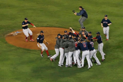 LOS ANGELES, CA – OCTOBER 28: The Boston Red Sox celebrate their 5-1 win over the Los Angeles Dodgers in Game Five to win the 2018 World Series at Dodger Stadium on October 28, 2018 in Los Angeles, California. (Photo by Jeff Gross/Getty Images)