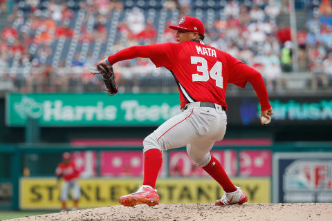 WASHINGTON, DC – JULY 15: Pitcher Bryan Mata #34 of the World Team and the Boston Red Sox works the third inning against the U.S. Team during the SiriusXM All-Star Futures Game at Nationals Park on July 15, 2018 in Washington, DC. (Photo by Patrick McDermott/Getty Images)