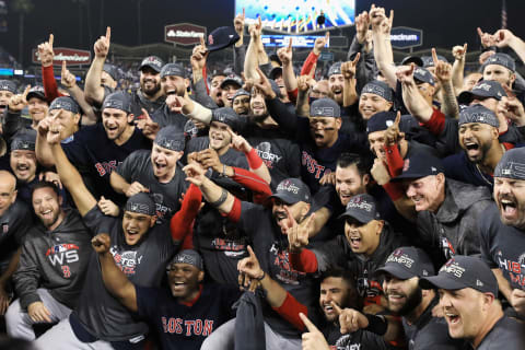 LOS ANGELES, CA – OCTOBER 28: The Boston Red Sox celebrate their 5-1 win over the Los Angeles Dodgers in Game Five to win the 2018 World Series at Dodger Stadium on October 28, 2018 in Los Angeles, California. (Photo by Sean M. Haffey/Getty Images)