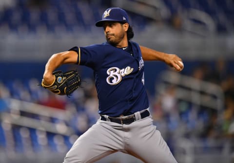 MIAMI, FL – SEPTEMBER 12: Gio Gonzalez #47 of the Milwaukee Brewers delivers a pitch in the first inning against the Miami Marlins at Marlins Park on September 12, 2019 in Miami, Florida. (Photo by Mark Brown/Getty Images)