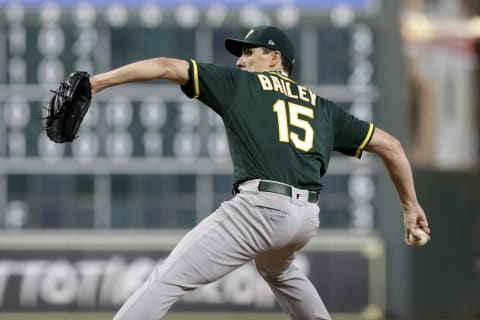 HOUSTON, TX – SEPTEMBER 12: Homer Bailey #15 of the Oakland Athletics pitches in the fifth inning against the Houston Astros at Minute Maid Park on September 12, 2019 in Houston, Texas. (Photo by Tim Warner/Getty Images)