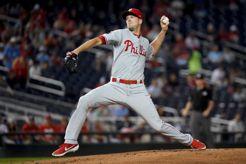 WASHINGTON, DC – SEPTEMBER 25: Drew Smyly #18 of the Philadelphia Phillies pitches during the first inning against the Washington Nationals at Nationals Park on September 25, 2019 in Washington, DC. (Photo by Will Newton/Getty Images)