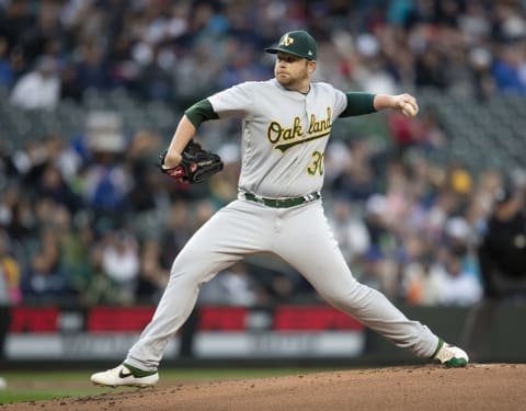 SEATTLE, WA – SEPTEMBER 28: Starter Brett Anderson #30 of the Oakland Athletics delivers a pitch during the first inning of a game against the Seattle Mariners at T-Mobile Park on September 28, 2019 in Seattle, Washington. (Photo by Stephen Brashear/Getty Images)