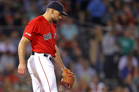 BOSTON, MASSACHUSETTS – SEPTEMBER 27: Nathan Eovaldi #17 of the Boston Red Sox reacts after Renato Nunez #39 of the Baltimore Orioles hit a three run home run during the third inning at Fenway Park on September 27, 2019 in Boston, Massachusetts. (Photo by Maddie Meyer/Getty Images)