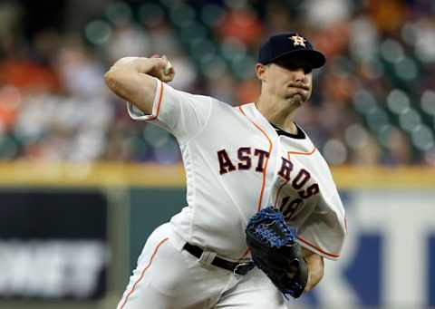 HOUSTON, TEXAS – AUGUST 20: Aaron Sanchez #18 of the Houston Astros pitches in the first inning against the Detroit Tigers at Minute Maid Park on August 20, 2019 in Houston, Texas. (Photo by Bob Levey/Getty Images)