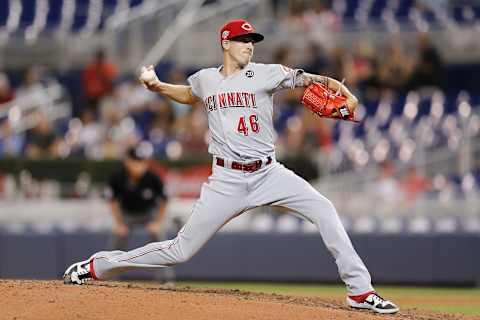 MIAMI, FLORIDA – AUGUST 28: Kevin Gausman #46 of the Cincinnati Reds delivers a pitch in the eighth inning against the Miami Marlins at Marlins Park on August 28, 2019 in Miami, Florida. (Photo by Michael Reaves/Getty Images)