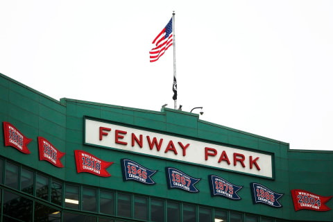 BOSTON, MA – APRIL 26: A general view of the Fenway Park faced after the game between the Boston Red Sox and the Tampa Bay Rays was postponed due to rain at Fenway Park on April 26, 2019 in Boston, Massachusetts. (Photo by Adam Glanzman/Getty Images)