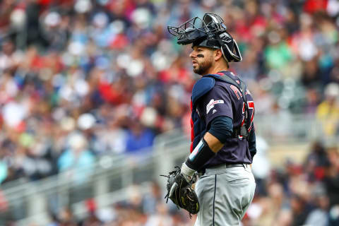 MINNEAPOLIS, MINNESOTA – SEPTEMBER 08: Kevin Plawecki #27 of the Cleveland Indians looks on in the seventh inning against the Minnesota Twins during the game at Target Field on September 08, 2019 in Minneapolis, Minnesota. The Indians defeated the Twins 5-2. (Photo by David Berding/Getty Images)