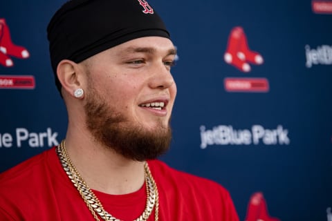 FT. MYERS, FL – FEBRUARY 15: Alex Verdugo #99 of the Boston Red Sox speaks to the media during a press conference during a team workout on February 15, 2020 at jetBlue Park at Fenway South in Fort Myers, Florida. (Photo by Billie Weiss/Boston Red Sox/Getty Images)