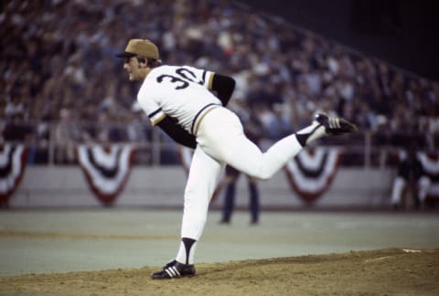 PITTSBURGH, PA – JULY 23: Ken Brett #30 of the Pittsburgh Pirates and the National League All-Stars pitches against the American League All Stars during Major League Baseball All-Star game July 23, 1974 at Three Rivers Stadium in Pittsburgh, Pennsylvania. The National League won the game 7-2. (Photo by Focus on Sport/Getty Images)