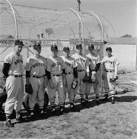 American baseball team the Boston Red Sox in Sarasota, Florida, 8th March 1949. Among them are Ted Williams (left), Bobby Doerr, Vern Stephens, Tex Hughson and Dom DiMaggio (right). (Photo by Michael Ochs Archives/Getty Images)