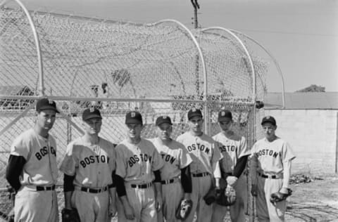 American baseball team the Boston Red Sox in Sarasota, Florida, 8th March 1949. Among them are Ted Williams (left), Bobby Doerr, Vern Stephens, Tex Hughson and Dom DiMaggio (right). (Photo by Michael Ochs Archives/Getty Images)