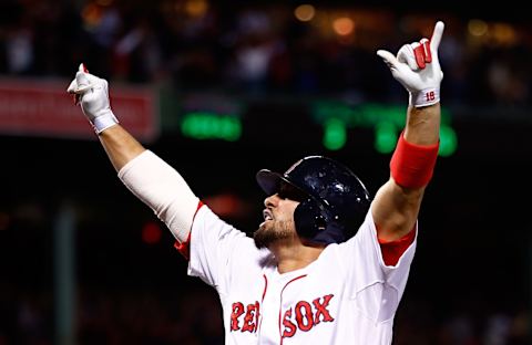 BOSTON, MA – OCTOBER 19: Shane Victorino #18 of the Boston Red Sox celebrates after hitting a grand slam home run (Photo by Jared Wickerham/Getty Images)