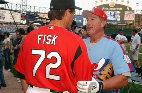 CHICAGO – JULY 13: Hall of Fame catcher (2003 inductee) Gary Carter talks to Hall of Fame catcher (2000) Carlton Fisk before the All Star Legends and Celebrity Softball Game on July 13, 2003 at U.S. Cellular Field in Chicago, Illinois. (Photo by Jonathan Daniel/Getty Images)