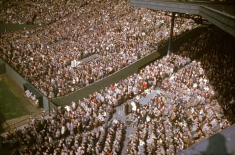 General view of the infield and leftfield bleachers crowded with fans at Boston’s Fenway Park, home of the American League baseball team the Boston Red Sox, 1950s. (Photo by Hulton Archive/Getty Images)