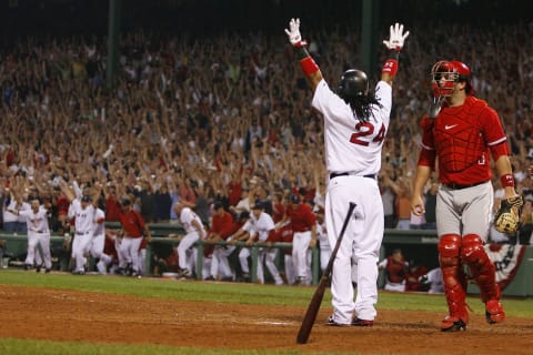 BOSTON – OCTOBER 5: Manny Ramirez #24 of the Boston Red Sox celebrates after connecting for a three-run home run to defeat the Los Angeles Angels, 6-3, in Game 2 of the American League Division Series at Fenway Park October 5, 2007 in Boston, Massachusetts. (Photo by Jim Rogash/Getty Images)