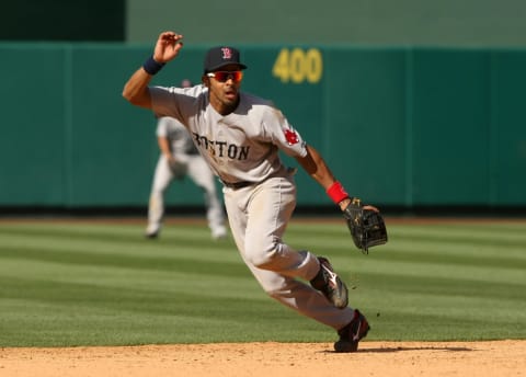 ANAHEIM, CA – MAY 14: Shortstop Julio Lugo #23 of the Boston Red Sox plays in the field against the Los Angeles Angels of Anaheim on May 14, 2009 at Angel Stadium in Anaheim, California. The Angels won 5-4 in 12 innings. (Photo by Stephen Dunn/Getty Images)