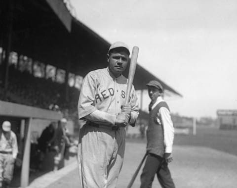 WASHINGTON, D.C. – 1919: Babe Ruth poses outside the dugout for a photo, before a game in what looks like Griffith Stadium in Washington in 1919. (Photo by Mark Rucker/Transcendental Graphics/Getty Images)