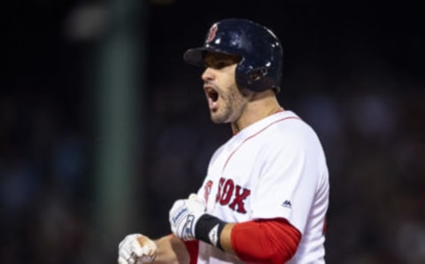 BOSTON, MA – OCTOBER 24: J.D. Martinez #28 of the Boston Red Sox reacts after hitting an RBI single during the fifth inning of game two of the 2018 World Series against the Los Angeles Dodgers on October 23, 2018 at Fenway Park in Boston, Massachusetts. (Photo by Billie Weiss/Boston Red Sox/Getty Images)