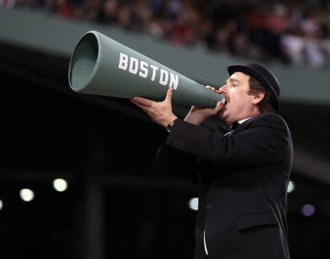 BOSTON, MA – MAY 21: Brian Dwyer announces the batters as they did in 1918 on May 21, 2011 at Fenway Park in Boston, Massachusetts. Tonight the Chicago Cubs and the Boston Red Sox are wearing replica uniforms from 1918. Before this series, the two teams haven’t played at Fenway Park since the 1918 World Series. (Photo by Elsa/Getty Images)