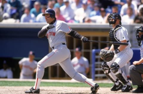 UNDATED: Jack Clark #23 of the Boston Rex Sox watches the flight of the ball as he follows through on a swing during a MLB season game. Jack Clark played for the Boston Red Sox from 1991-1992. (Photo by Rich Pilling/MLB Photos via Getty Images)