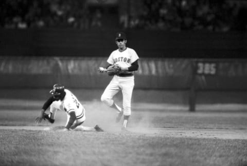 CLEVELAND, OH – APRIL 20: Shortstop Luis Aparicio of the Boston Red Sox, can’t complete the double play as Oscar Gamble of the Cleveland Indians slides into second base during a game at Municipal Stadium on April 20, 1973 in Cleveland, Ohio. (Ron Kuntz Collection/Diamond Images/Getty Images)