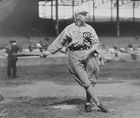 BOSTON – 1916: Eddie Collins, second baseman for the Chicago White Sox, takes some swings before a game with the Boston Red Sox at Fenway Park in Boston, Massachusetts. (Photo Mark Rucker/Transcendental Graphics/Getty Images)