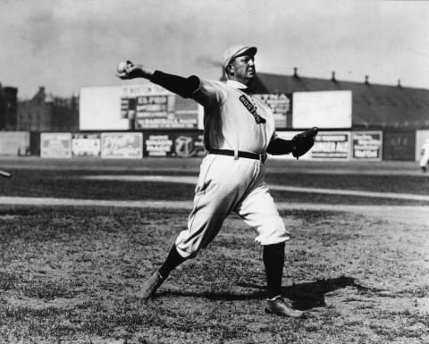 BOSTON – 1908. Cy Young, pitcher for the Boston Red Sox, warms up before a game at Huntingdon Ave. Grounds in Boston in 1908. (Photo by Mark Rucker/Transcendental Graphics, Getty Images)