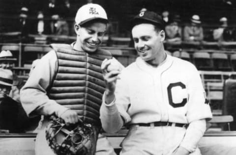 CLEVELAND – MAY 4, 1932. Rick Ferrell, catcher for the St. Louis Browns, talks with his brother Rick, pitcher for the Cleveland Indians before a game in Cleveland, May 4, 1932. (Photo by Mark Rucker/Transcendental Graphics, Getty Images)