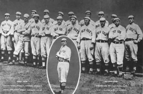 BOSTON – 1912. The Boston Red Sox pose for a team photo, produced as a rotograph, with an inset for the manager, Jake Stahl, in 1912. Tris Speaker and Harry Hooper are the stars of the team. (Photo by Mark Rucker/Transcendental Graphics, Getty Images)