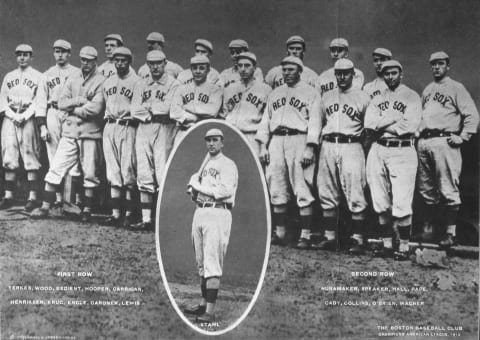 BOSTON – 1912. The Boston Red Sox pose for a team photo, produced as a rotograph, with an inset for the manager, Jake Stahl, in 1912. Tris Speaker and Harry Hooper are the stars of the team. (Photo by Mark Rucker/Transcendental Graphics, Getty Images)