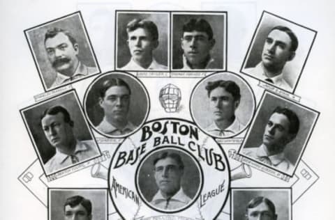 BOSTON – 1903. The 1903 Boston Red Sox pose for portraits made into this team photo collage by the Sporting Life newspaper in 1904. Cy Young, second row down, far left, and manager and third baseman Jimmy Collins, center, are the team’s stars. (Photo by Mark Rucker/Transcendental Graphics, Getty Images)