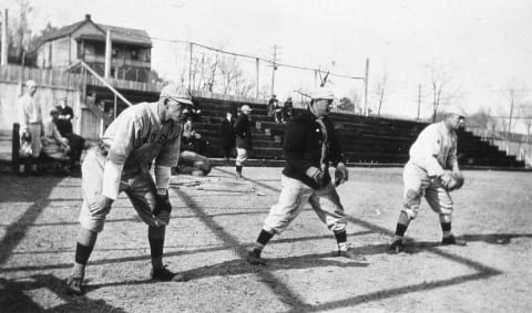 HOT SPRINGS, AR – MARCH, 1912. The speedy outfield for the Boston Red Sox, (L-R) Duffy Lewis, Harry Hooper, and Tris Speaker, pose together at Hot Springs, Arkansas during spring training workouts in March of 1912. (Photo by Mark Rucker/Transcendental Graphics, Getty Images)